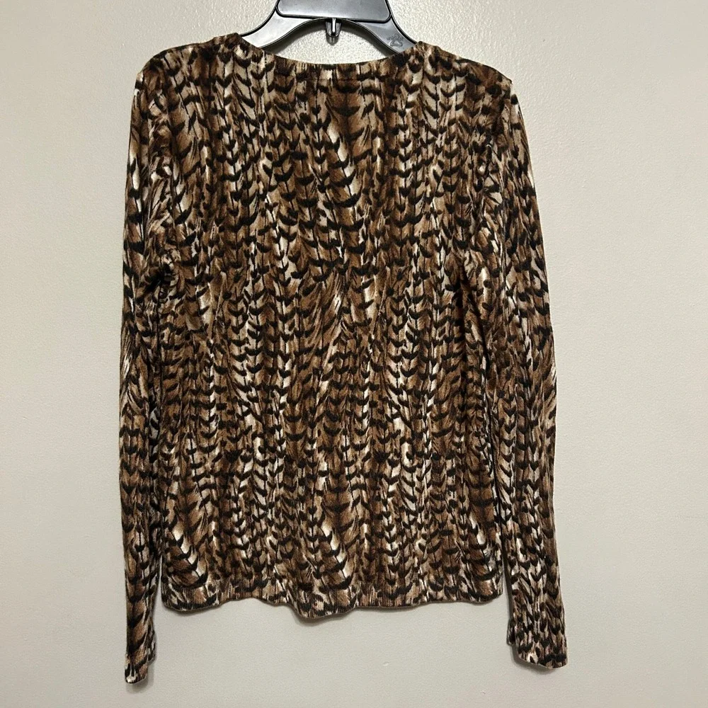 Talbots Cardigan Womens MP Brown Feather Print Pure Merino Wool Petite Earthy